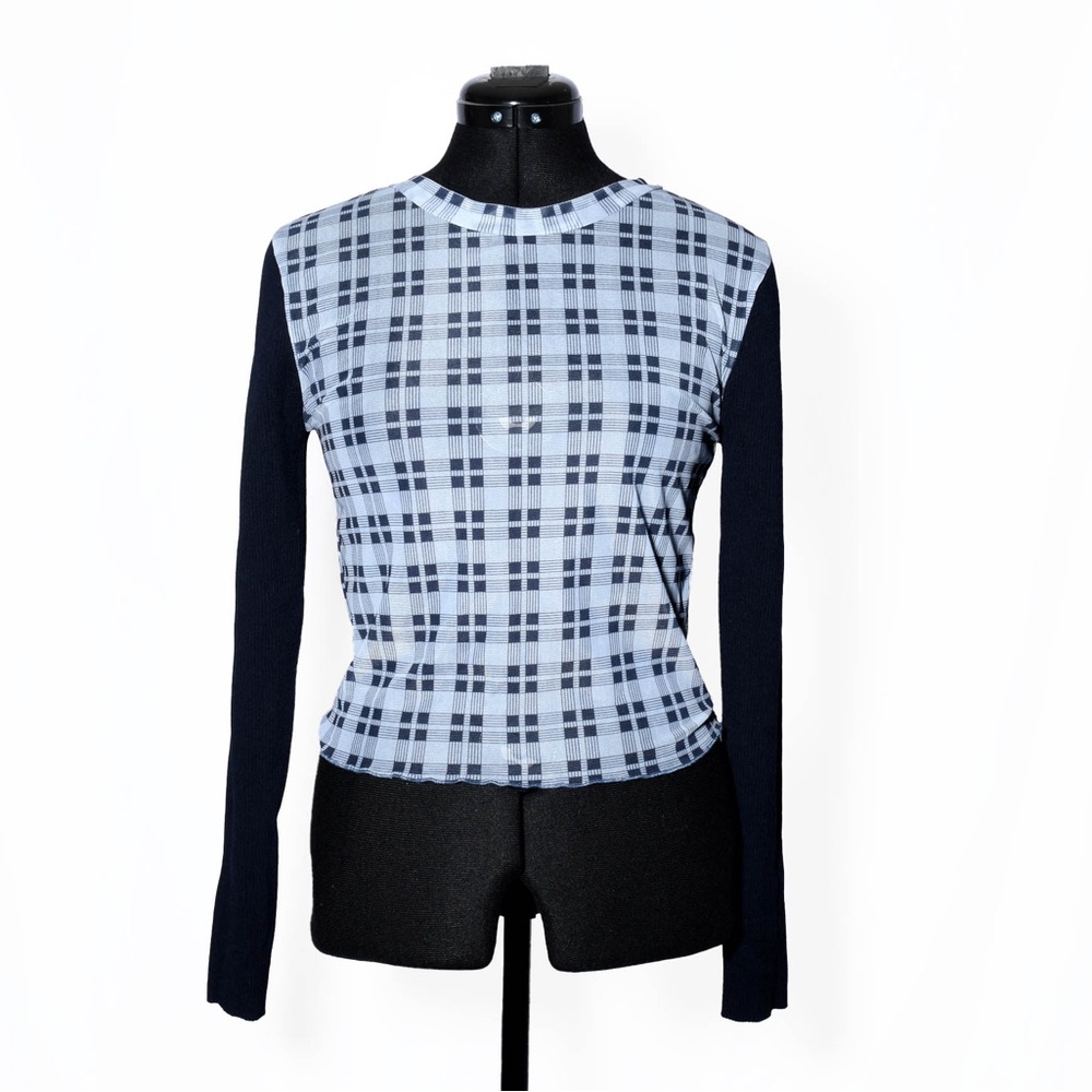 Plaid Mesh Blouse Knit Sleeves Mock Neck